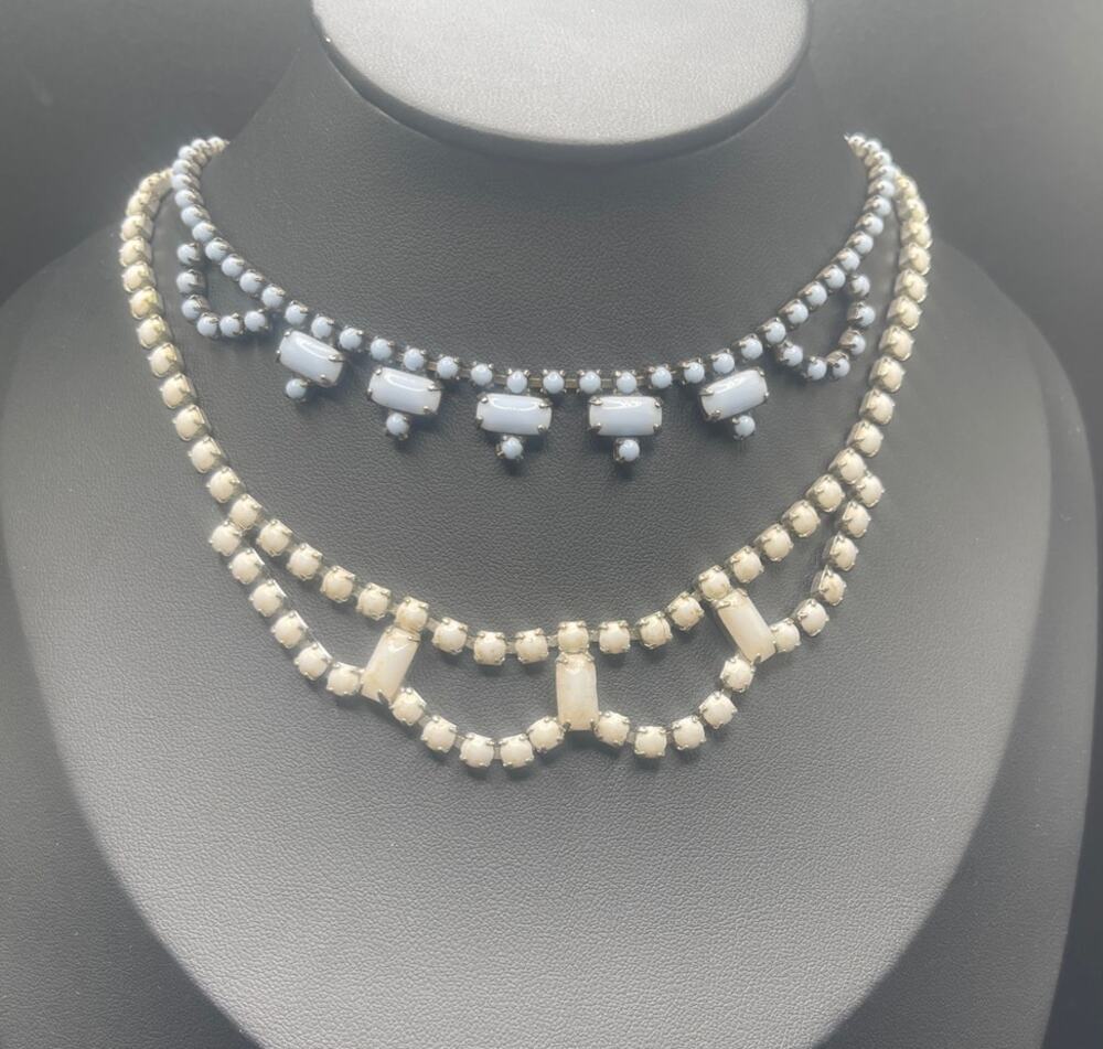 TWO VTG 15" Necklaces White Milk Glass Swag Plus Blue Glass Prong Set Hook Clasp
